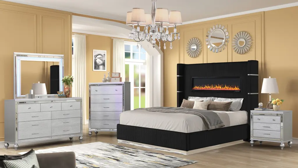 Lizelle Upholstery Wooden Queen 5 Piece Bedroom Set Ambient Lighting Modern Furniture galaxy home furnishings