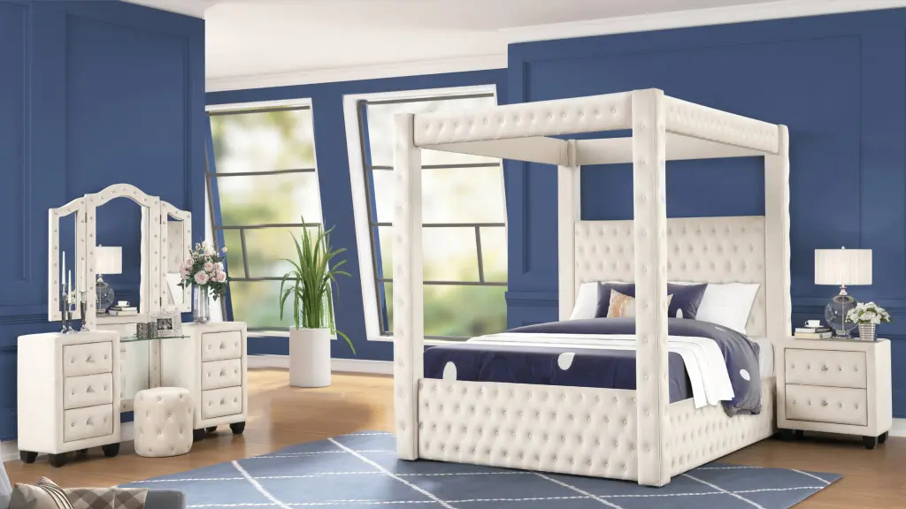 Monica Opulent Four Poster Queen 4 Piece Vanity Bedroom Set galaxy home furnishings