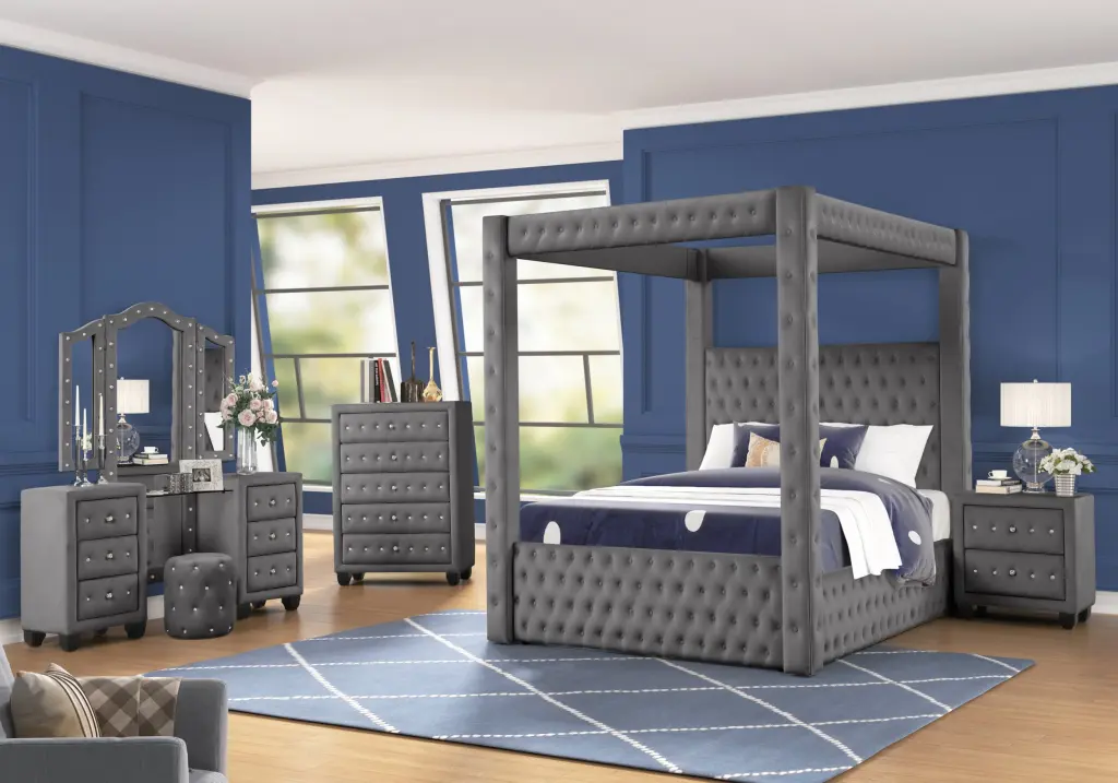 Monica Opulent Four Poster Queen 5 Pc Vanity Bedroom Set Made Wood galaxy home furnishings