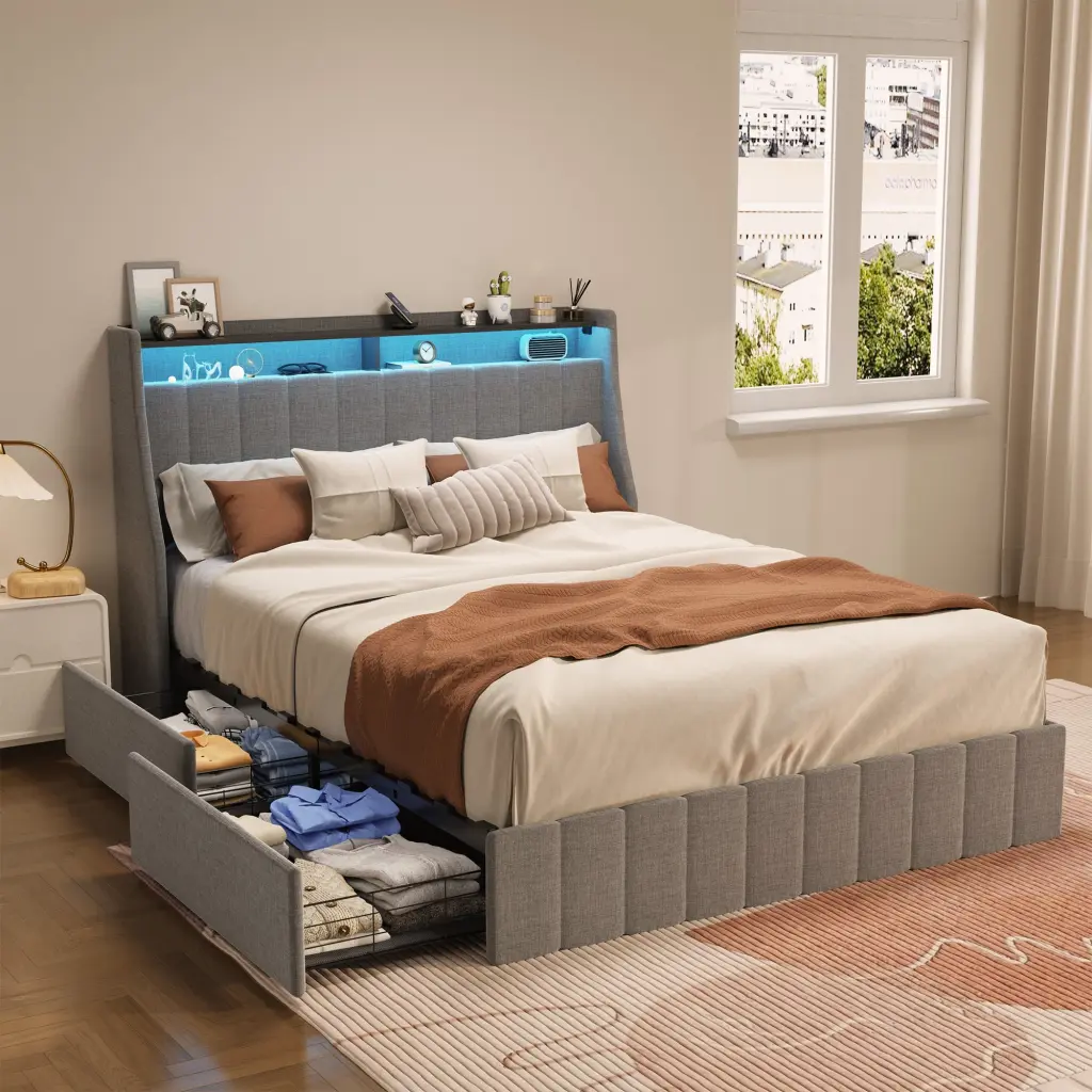 Queen Size Bed Frame LED 4 Under Bed Storage Drawers Modern Design f-concept
