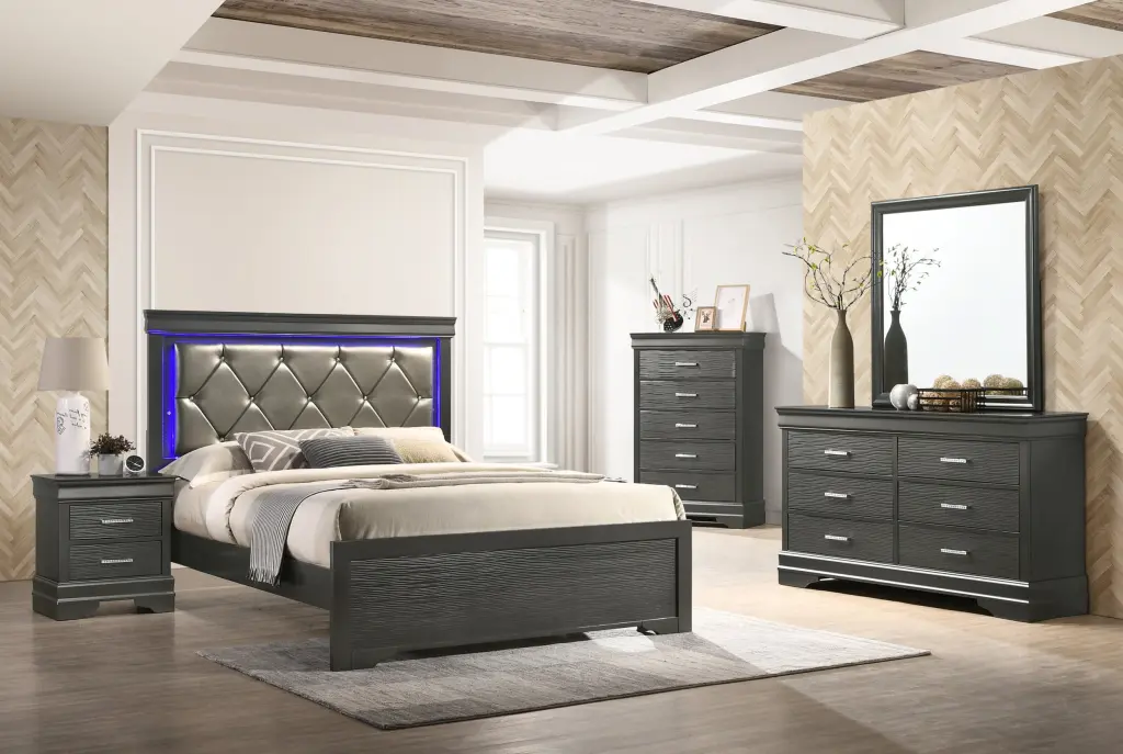 Brooklyn Queen 5 Piece Tufted Upholstery Led Bedroom Set Made Wood Frame galaxy home furnishings