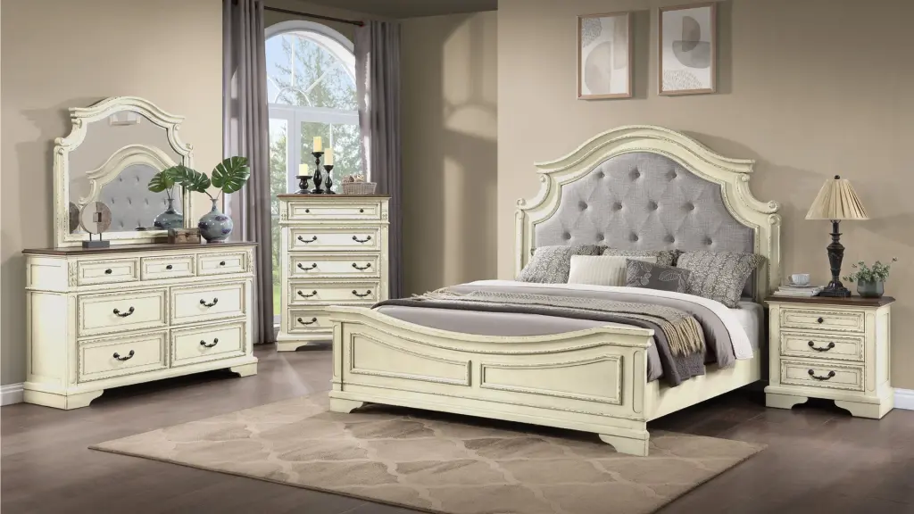 Noble Traditional Style 5 Piece Queen Bedroom Set Button Tufted Upholstery galaxy home furnishings