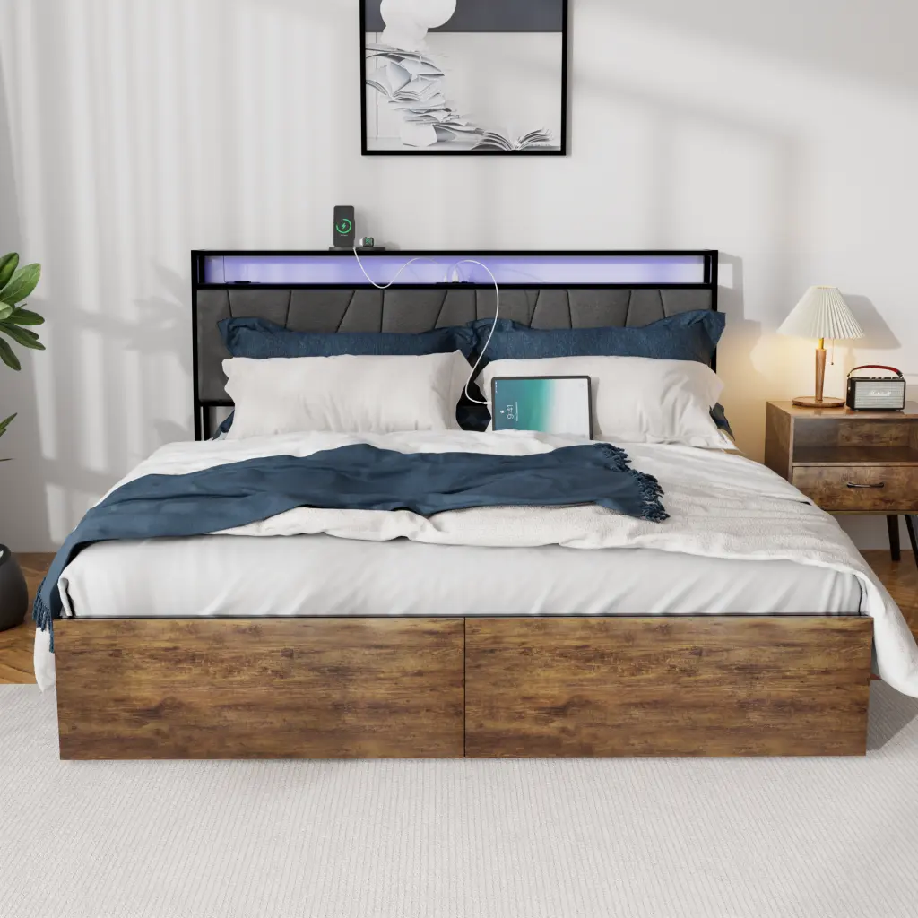 Queen Bed Frame Storage and Ergonomic Headboard 2 Storage Drawers jhomier furniture