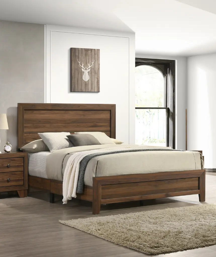 Brown Cherry Finish Fabric 1Pc Queen Size Panel Bed Beautiful Wooden Bed Frame kanepe