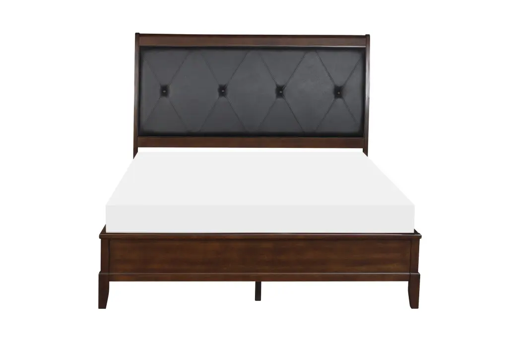 Dark Cherry Finish 1Pc Queen Sleigh Bed Button Tufted Faux Leather Upholstered Headboard kanepe