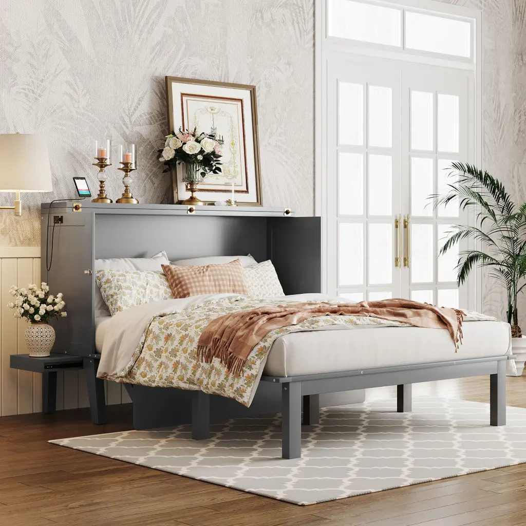 Queen Size Murphy Bed USB Port And Removable Shelves On Each Side Space Saving Wall Bed lucky furniture