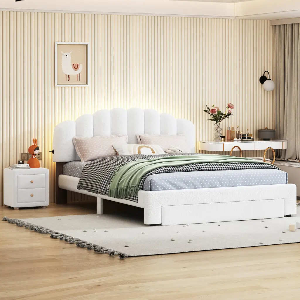 Teddy Fleece Queen Size Upholstered Platform Bed Nightstand White lucky world