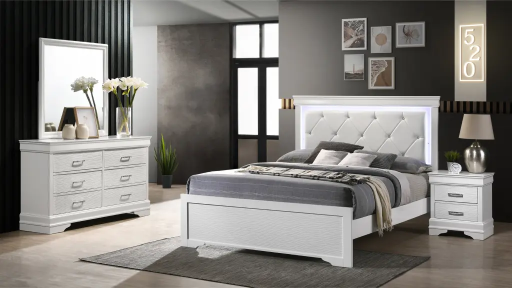 Brooklyn Queen 4 Piece LED Bedroom Set White Wood Box Spring galaxy home furnishings