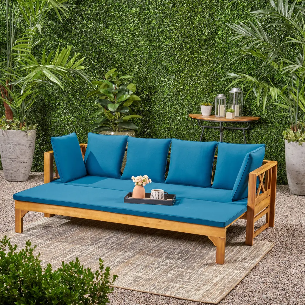 Long Beach Sofa Daybed Teak PE Rattan Iron Frame And Waterproof Fabric nh-sunfay
