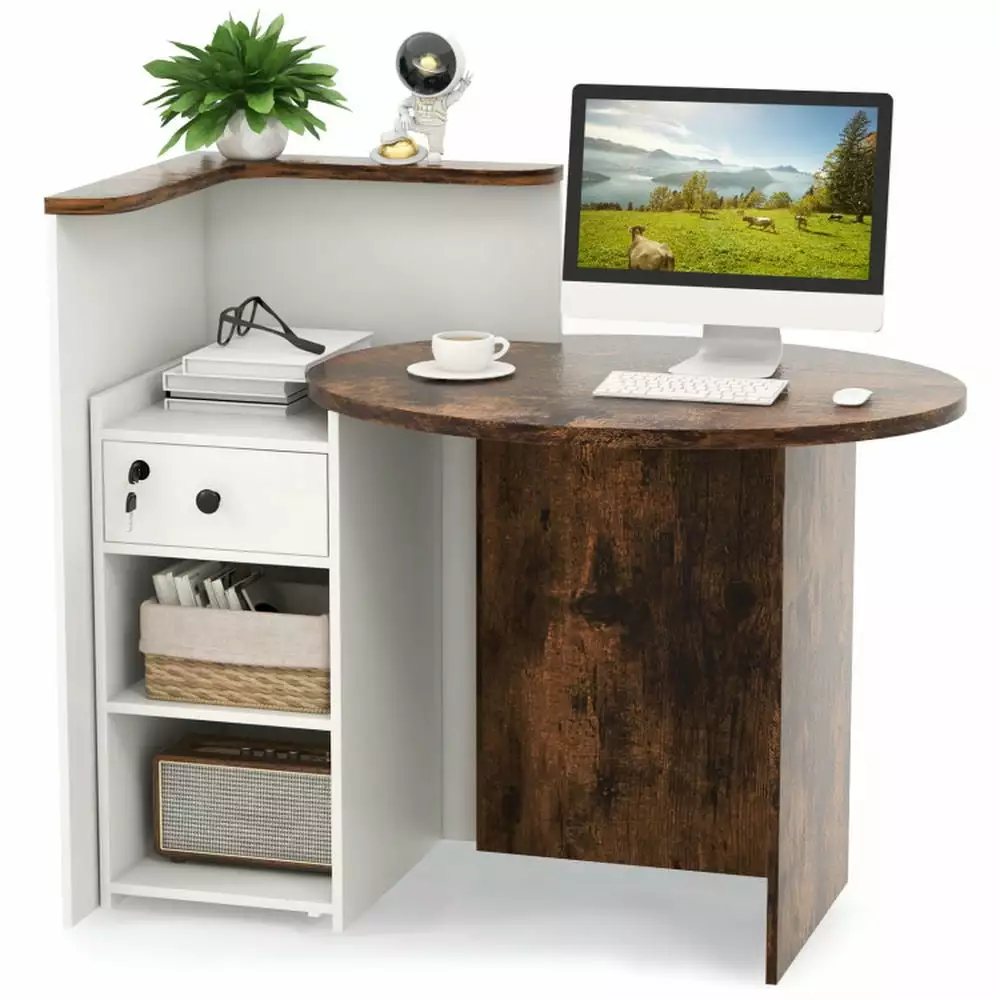 Canddidliike Brown White Front Reception Office Desk Open Shelf and Lockable Drawer Gaming Desk