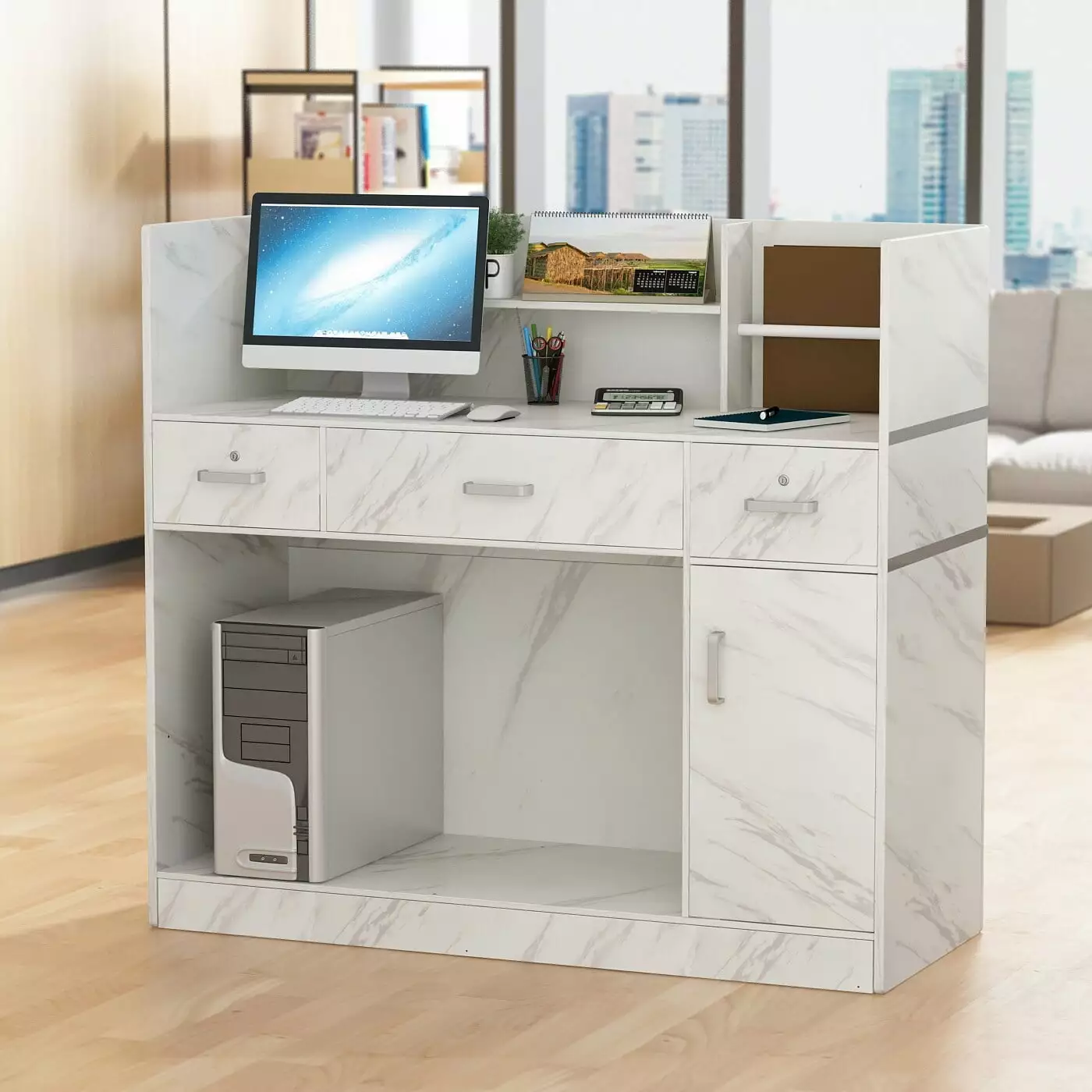 FUFU&GAGA 3-Drawer Solid Wood Reception Desk Office Computer Desk FUFU & GAGA