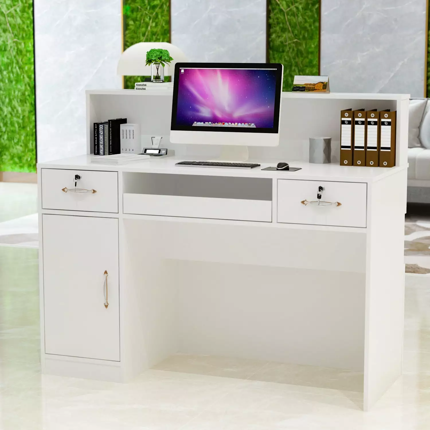 FUFU&GAGA 47.2 inch Reception Desk LED Locked Drawer Storage Cabinet White FUFU & GAGA