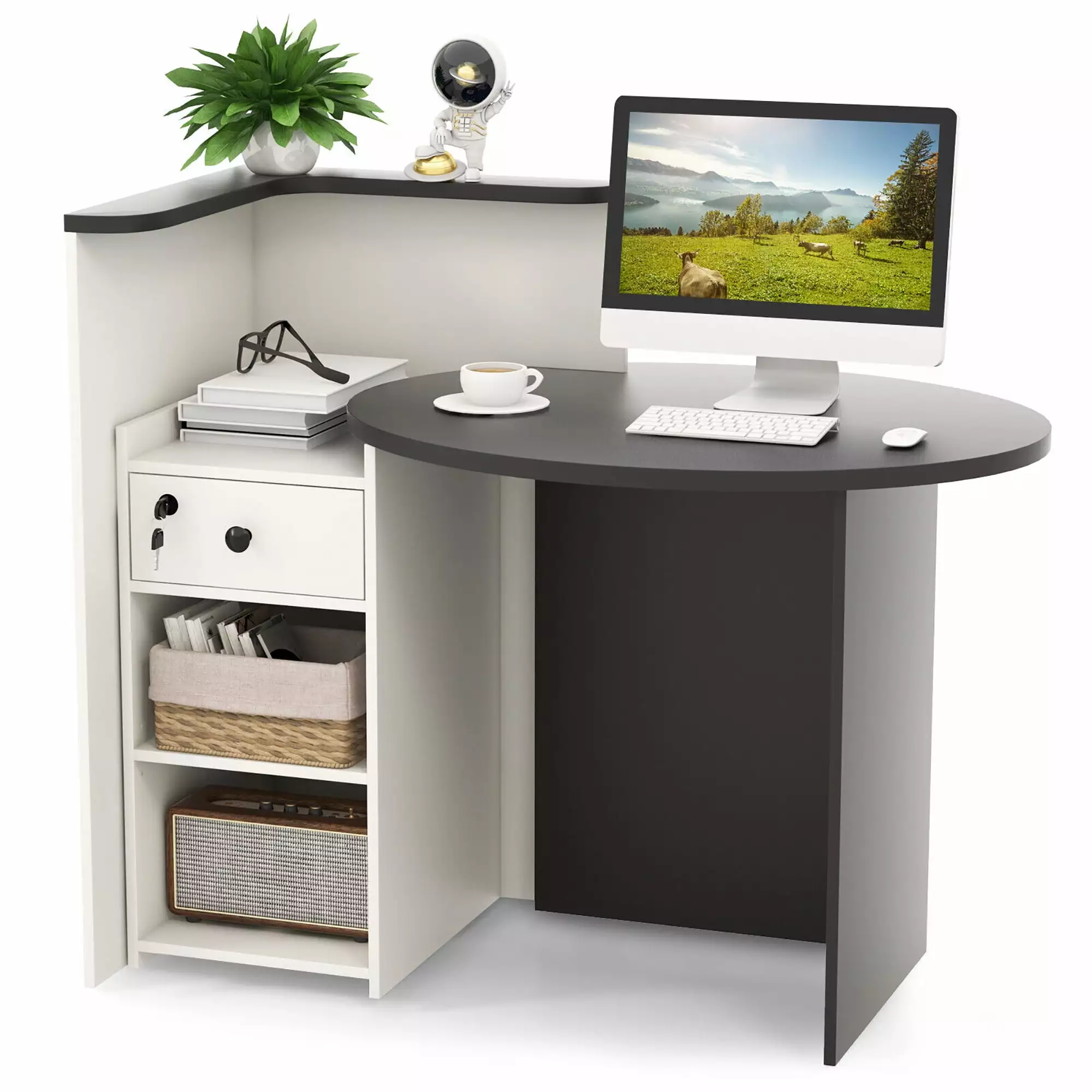 Gymax Front Reception Counter Desk Checkout Office Desk Open Shelf and Lockable Drawer