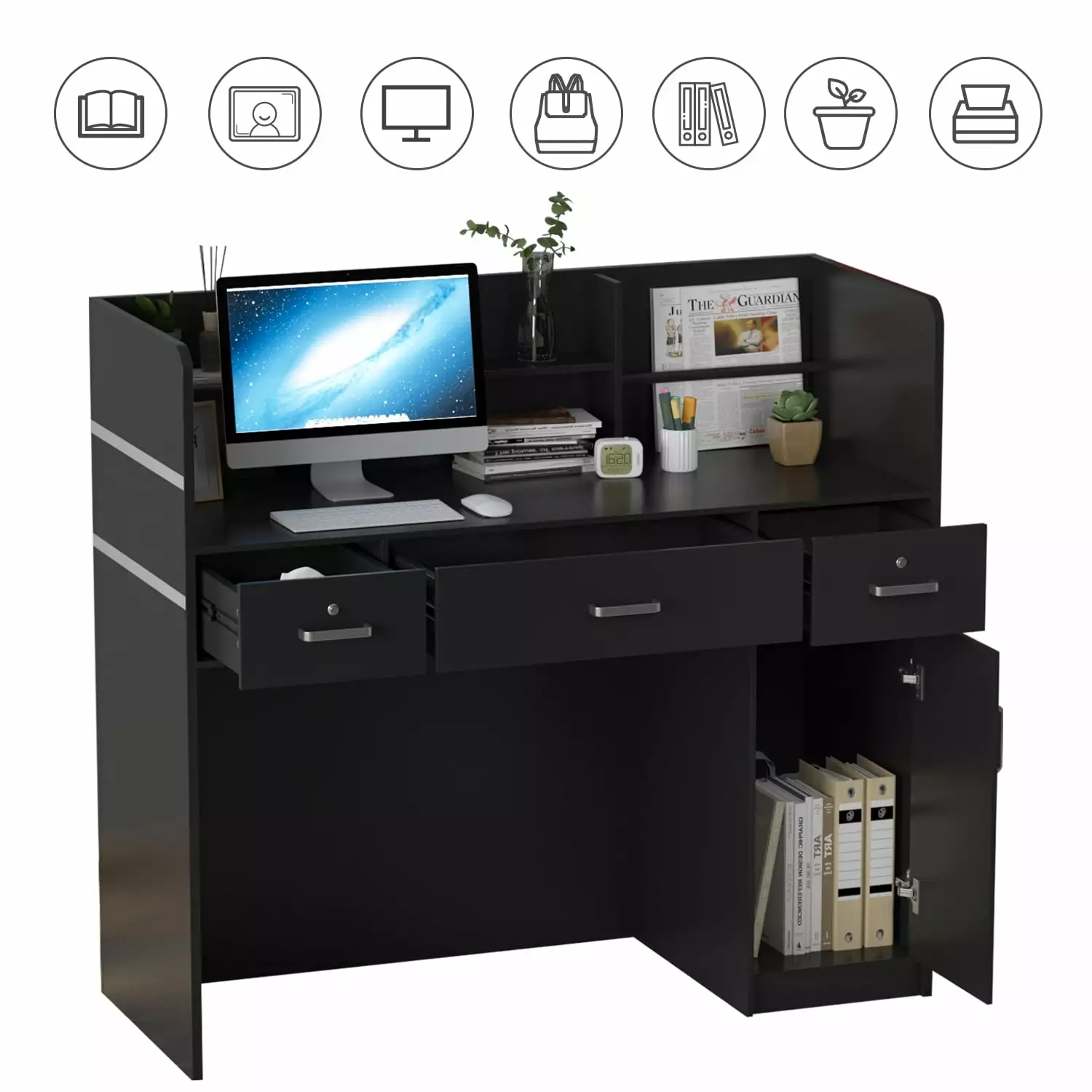 MONSLIPA Modern Office Desk - Easy to Assembly Single Unit Reception Counter Lobby Black