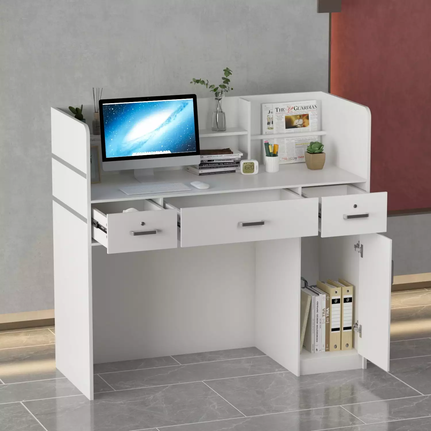 MONSLIPA Reception Desk Drawers and Hutch - White Office Restaurant Beauty Salon Furniture