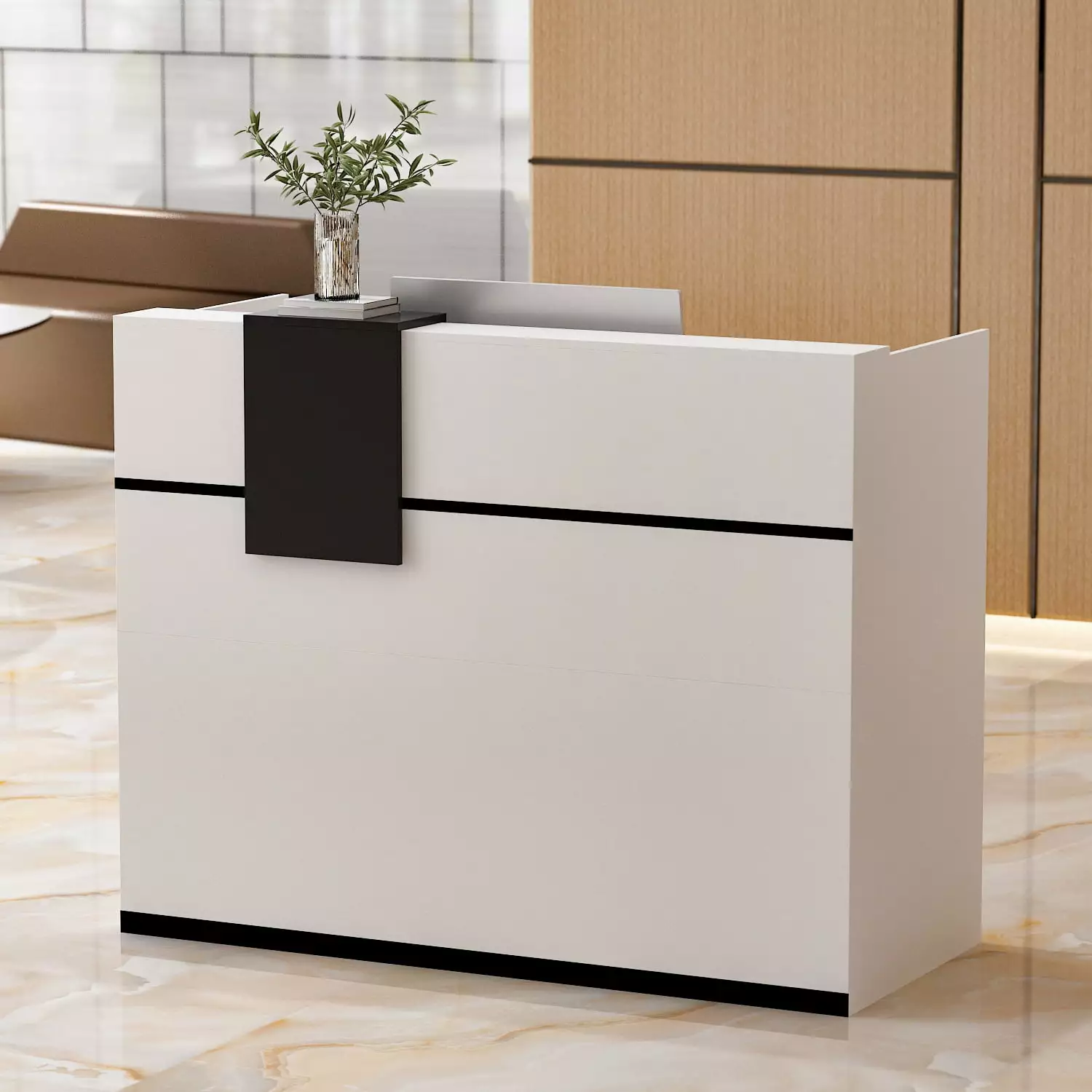 MONSLIPA Reception Desk Hutch and Locked Drawer - White Home Office Computer Writing Desk