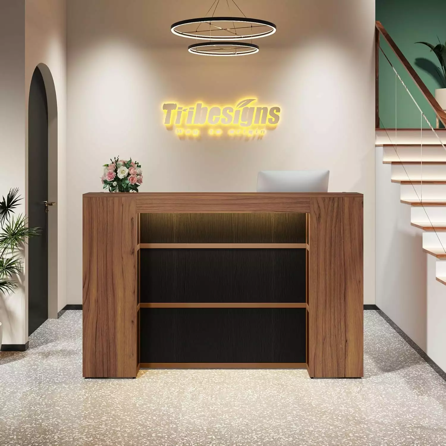 Tribesigns 63 Inch Modern Reception Desk LED Lights - Front Counter Table Office Reception Room