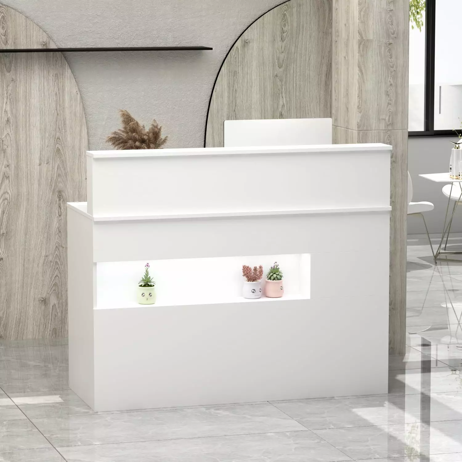 WIAWG Reception Desk Modern Front Desk Counter Drawers and Lights White 47.2
