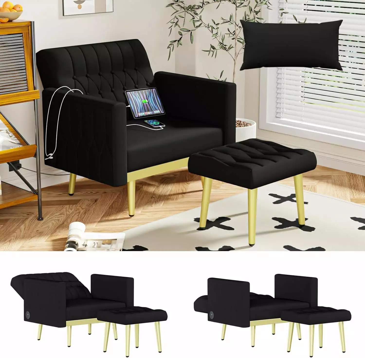 Velvet Modern Accent Chair and Ottoman Set 2 USB Ports - Black Comfy Reading Chair Puapli
