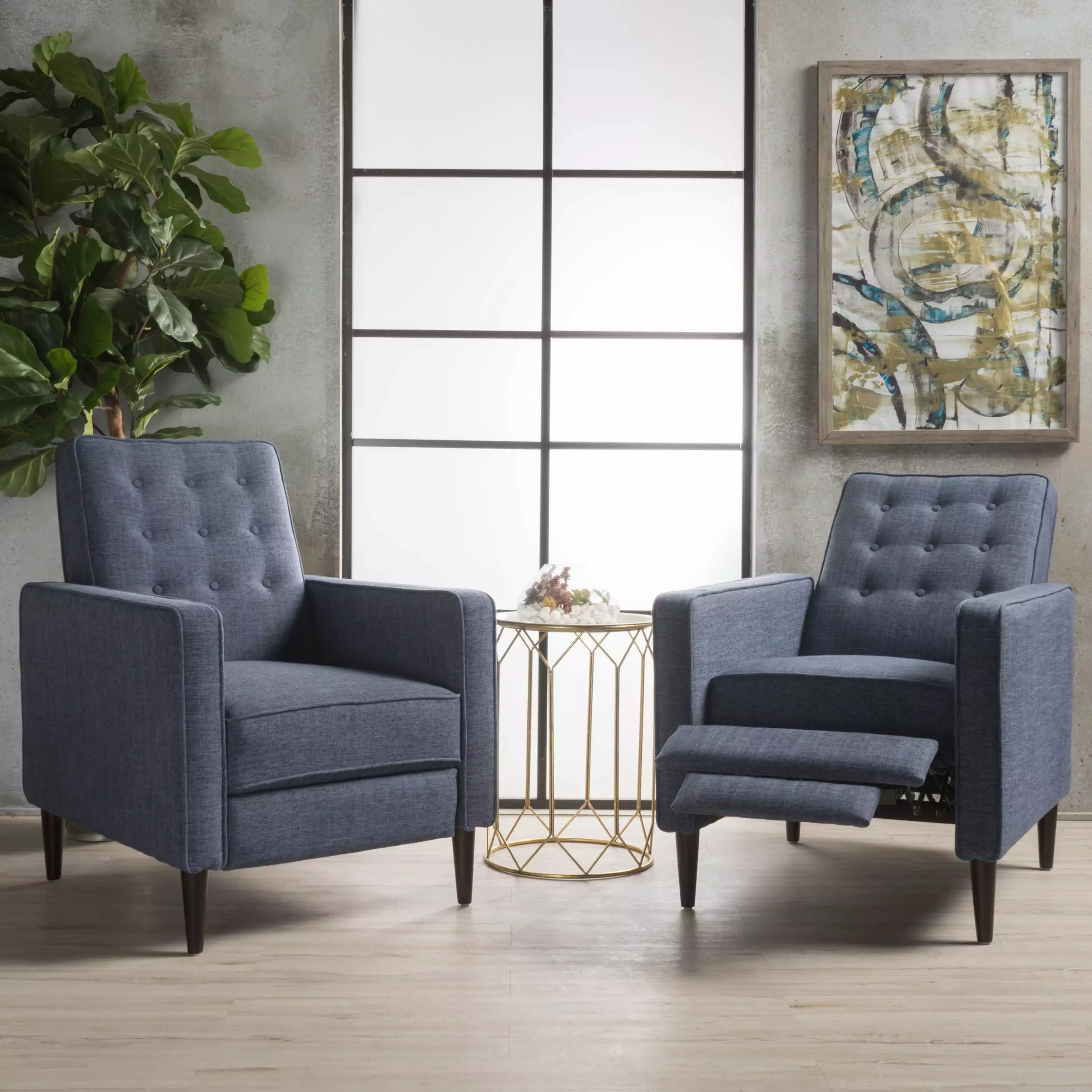 Noble House Marrin Mid Century Modern Dark Blue Fabric Recliner Chair Set 2
