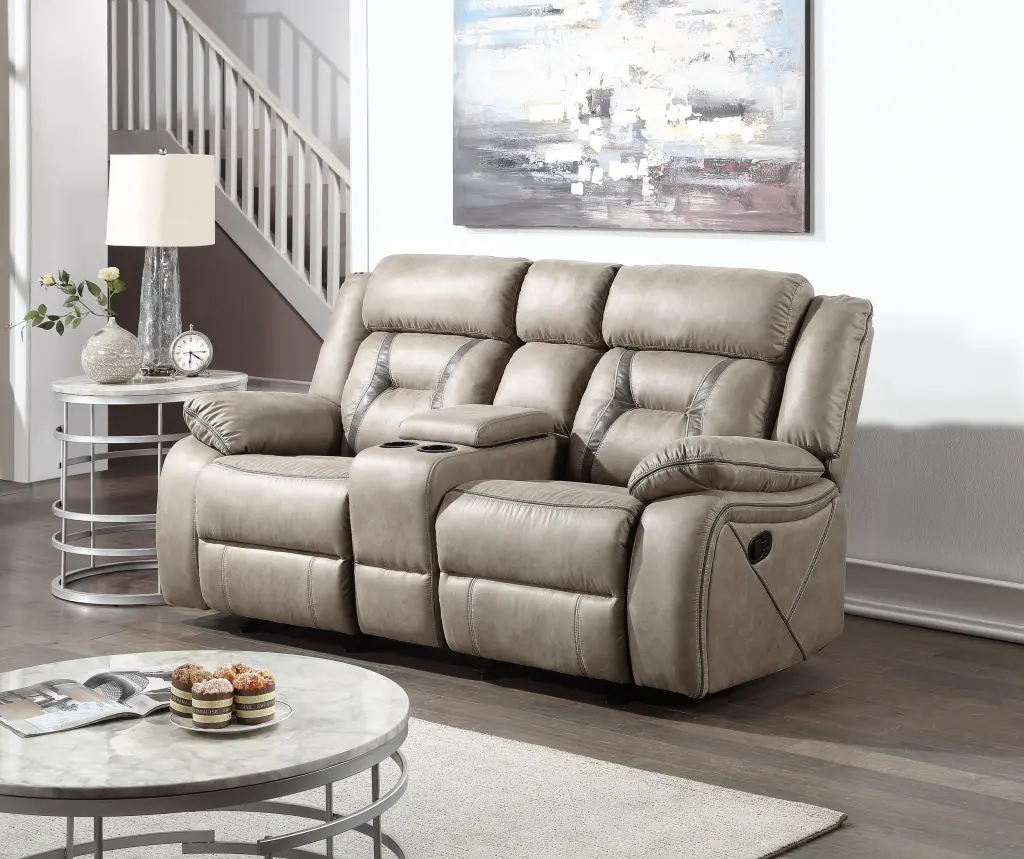 Tyson Reclining Glider Console Grey Faux Leather 2 Seat Sofa steve silver furniture