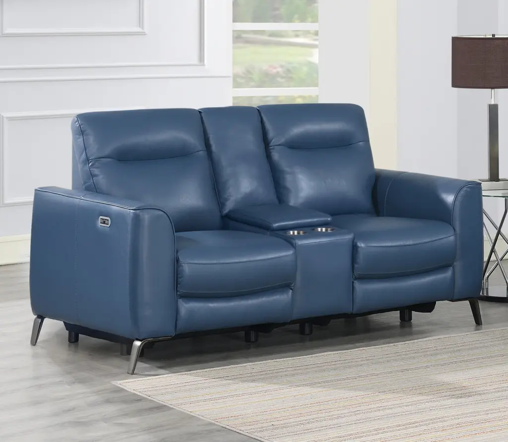 High Leg Console Loveseat Top Grain Leather Dual Power Recliner Ocean Blue steve silver furniture