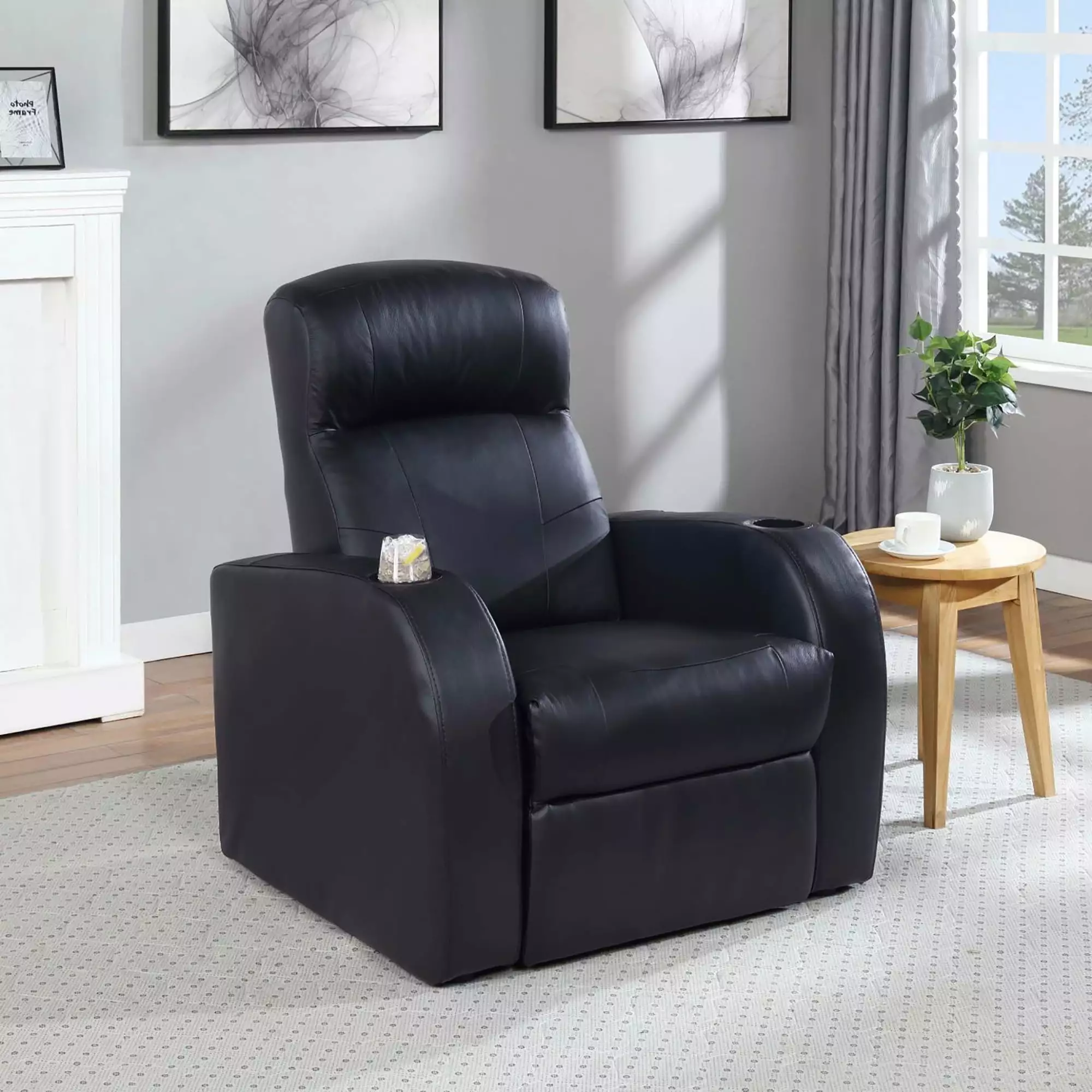 DeeHome Black Upholstered Recliner Cup Holder Living Room Comfort