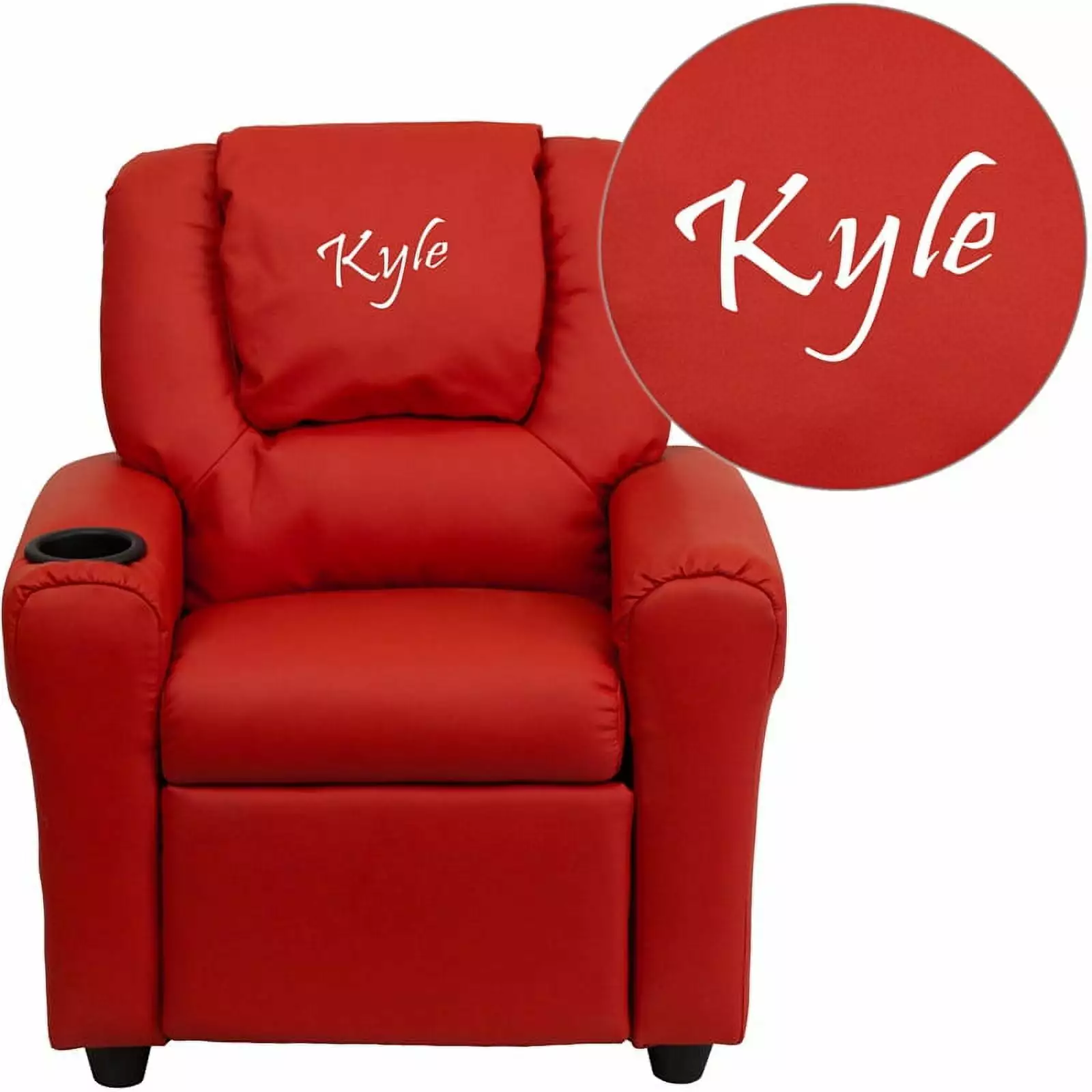 Personalized Red Vinyl Kids Recliner Cup Holder and Headrest Flash Furniture