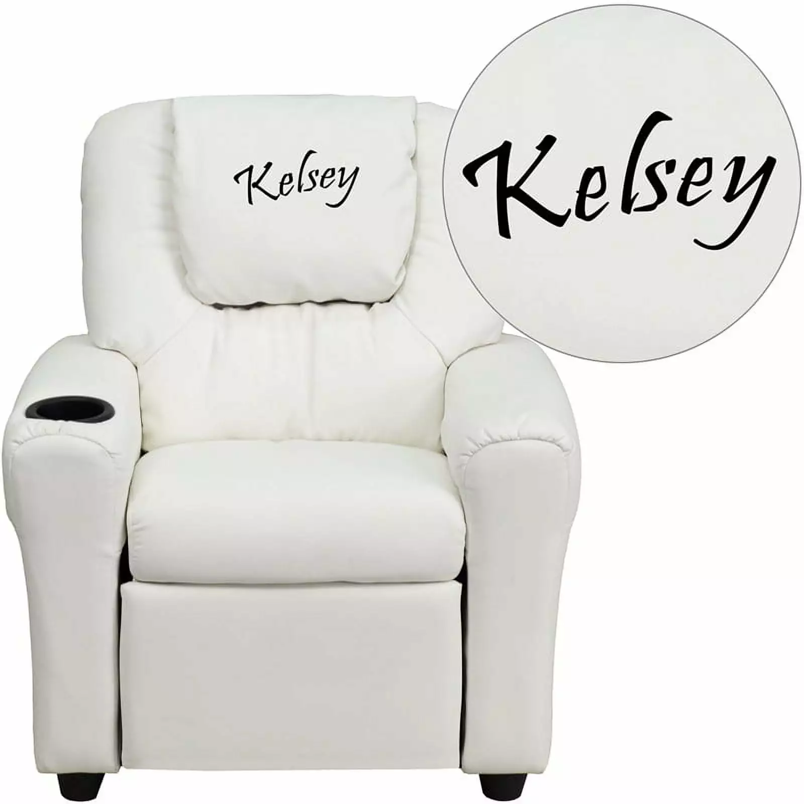 Personalized White Vinyl Kids Recliner Cup Holder and Headrest Flash Furniture