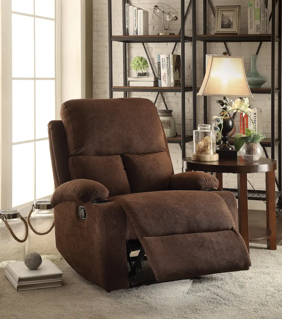 Chocolate Recliner Chair Cup Holder Manual Handle Metal Base furniture max
