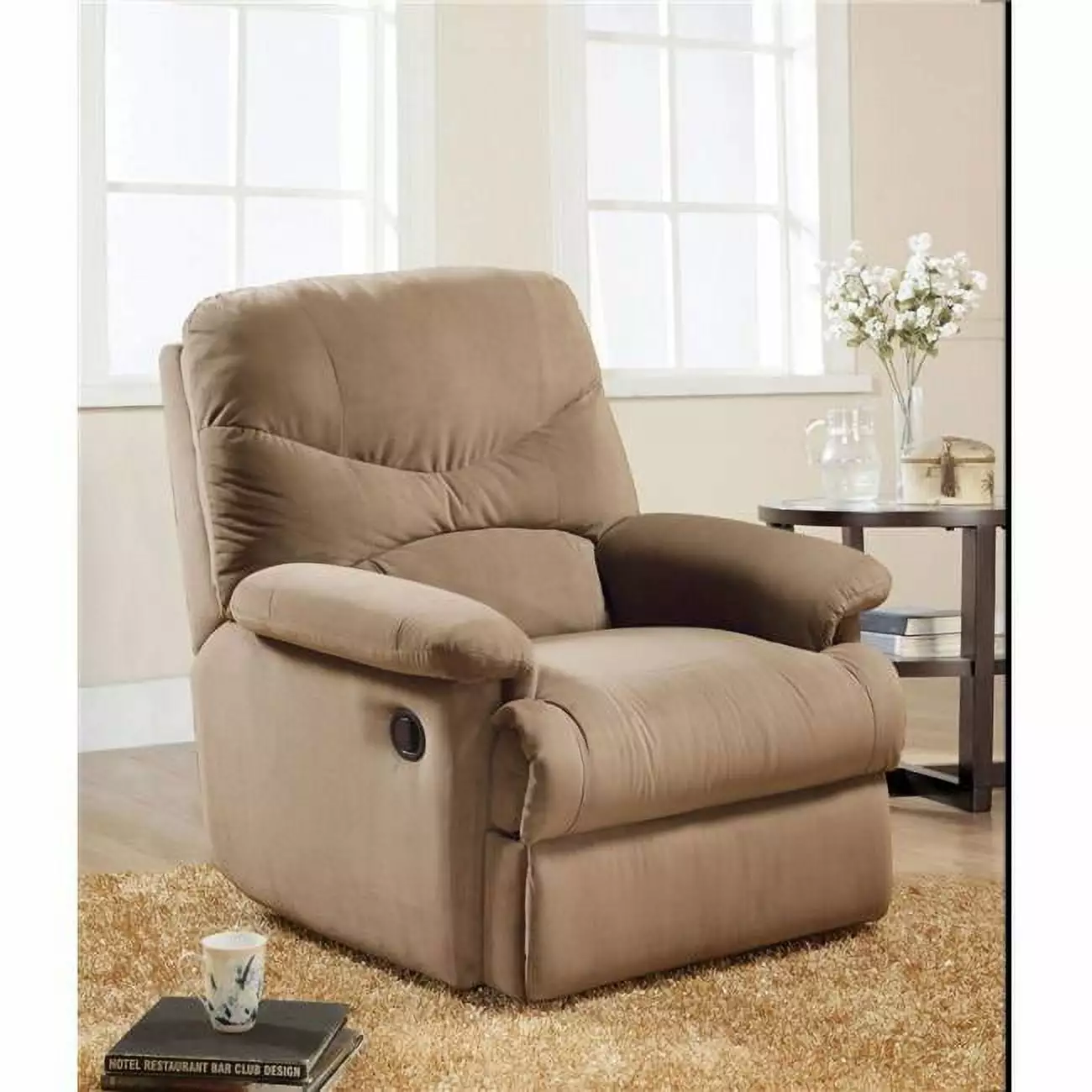 Arcadia Light Brown Microfiber Motion Recliner Chair 40 x 35 x 35 Living Room Furniture FurnOrama