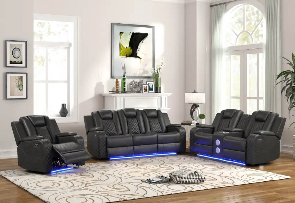 Benz LED & Power Recliner 3 Piece Set Gray Faux Leather galaxy home furnishings