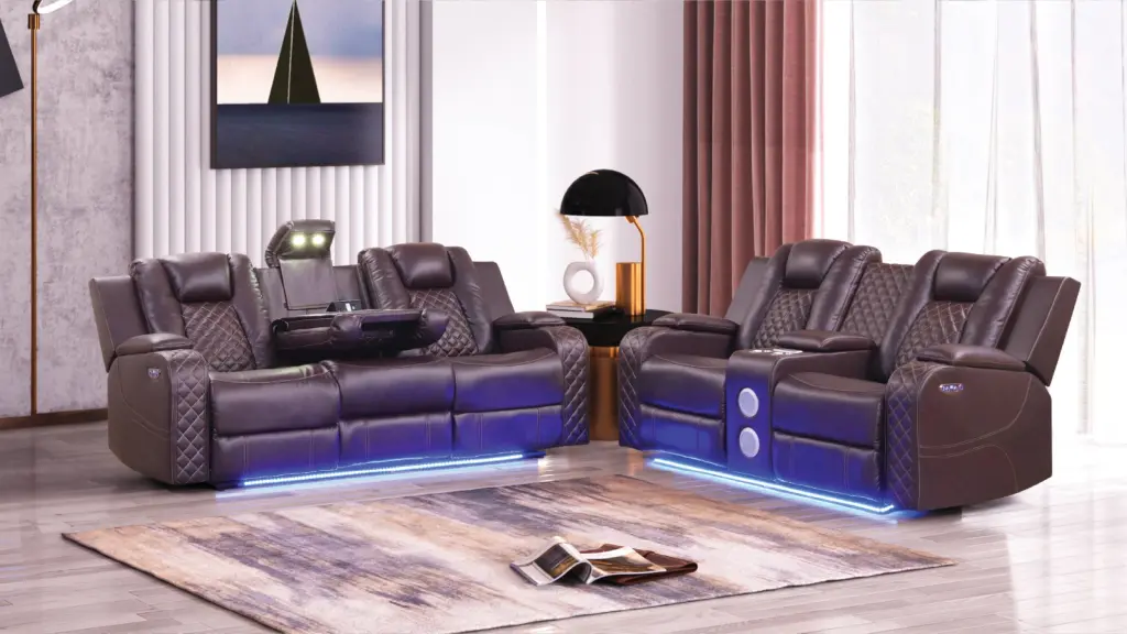 Benz LED & Power Reclining 2 Piece Faux Leather Set Brown galaxy home furnishings