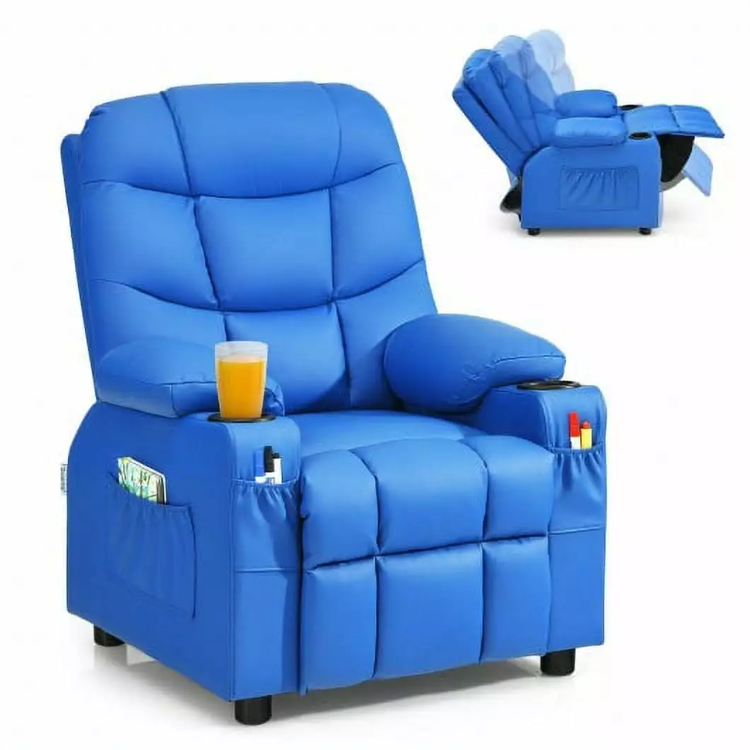 Kids Recliner Chair PU Leather Cup Holders and Side Pockets Blue Children's Lounge Chair Generic