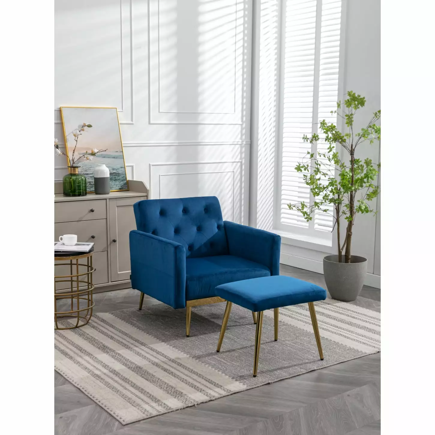 Navy Velvet Accent Chair Adjustable Armrests and Ottoman HATNOKIL