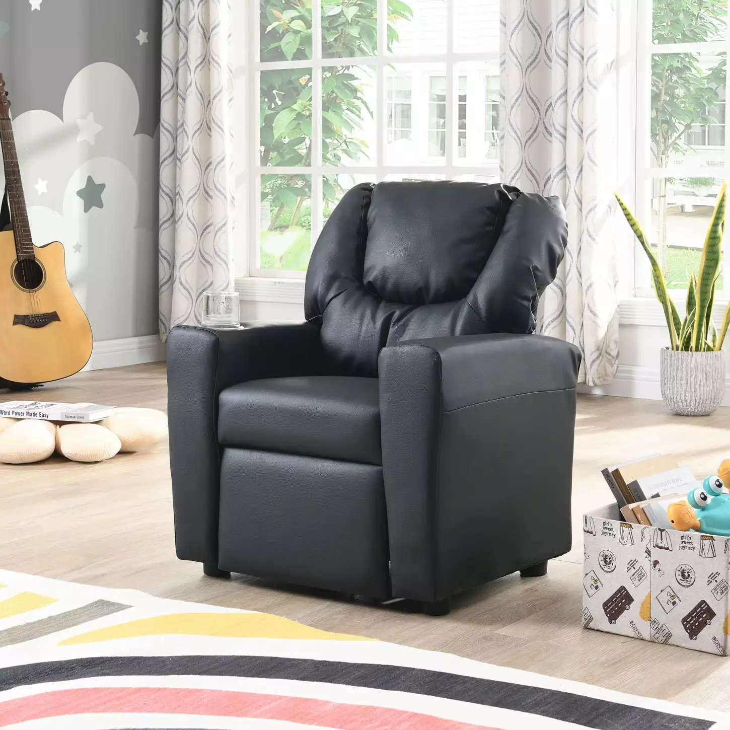 Sturdy Black PVC Kids Recliner Chair Cup Holders - Comfortable Toddler Chair HATNOKIL