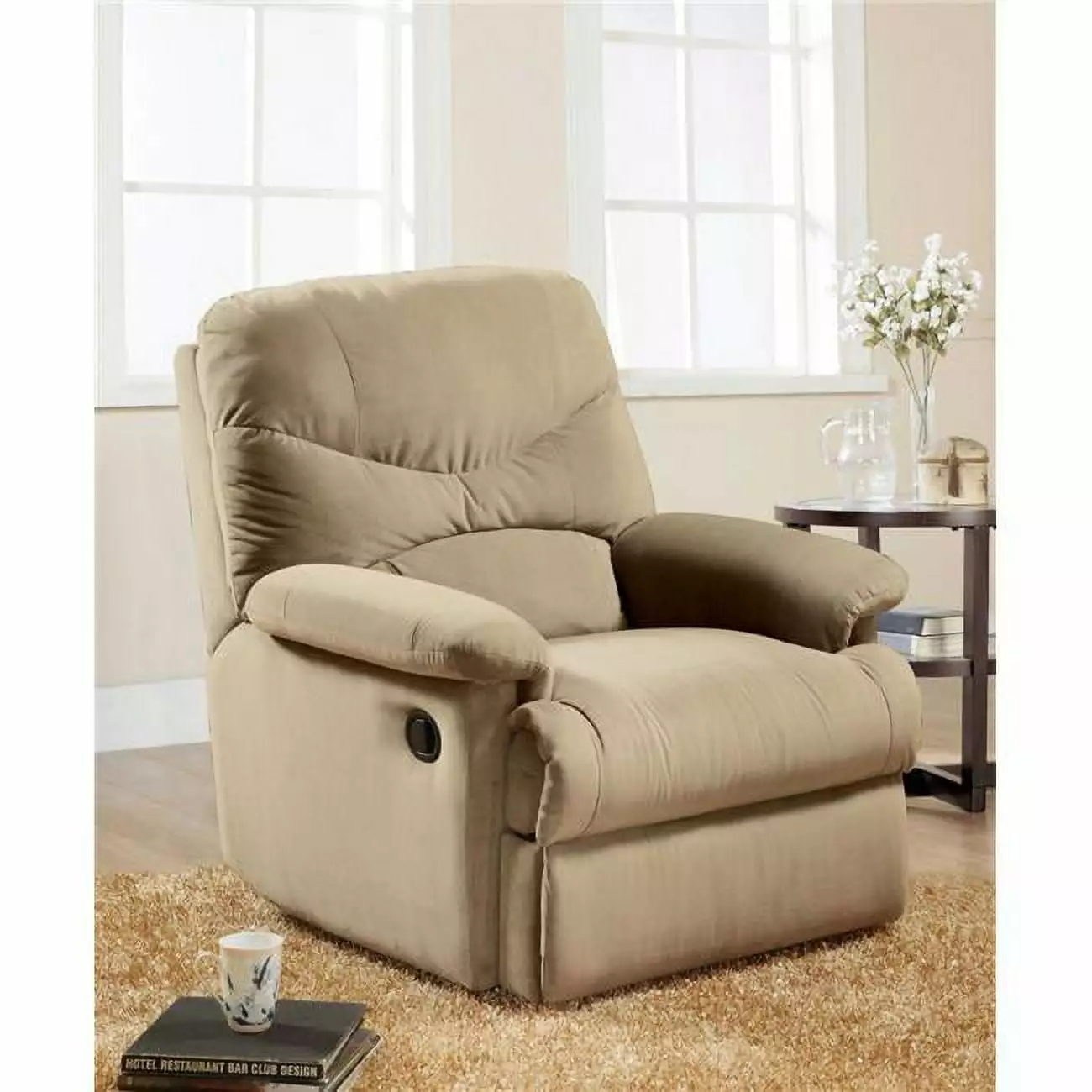 HomeRoots 35 x 35 x 40 . Motion Microfiber Recliner Beige