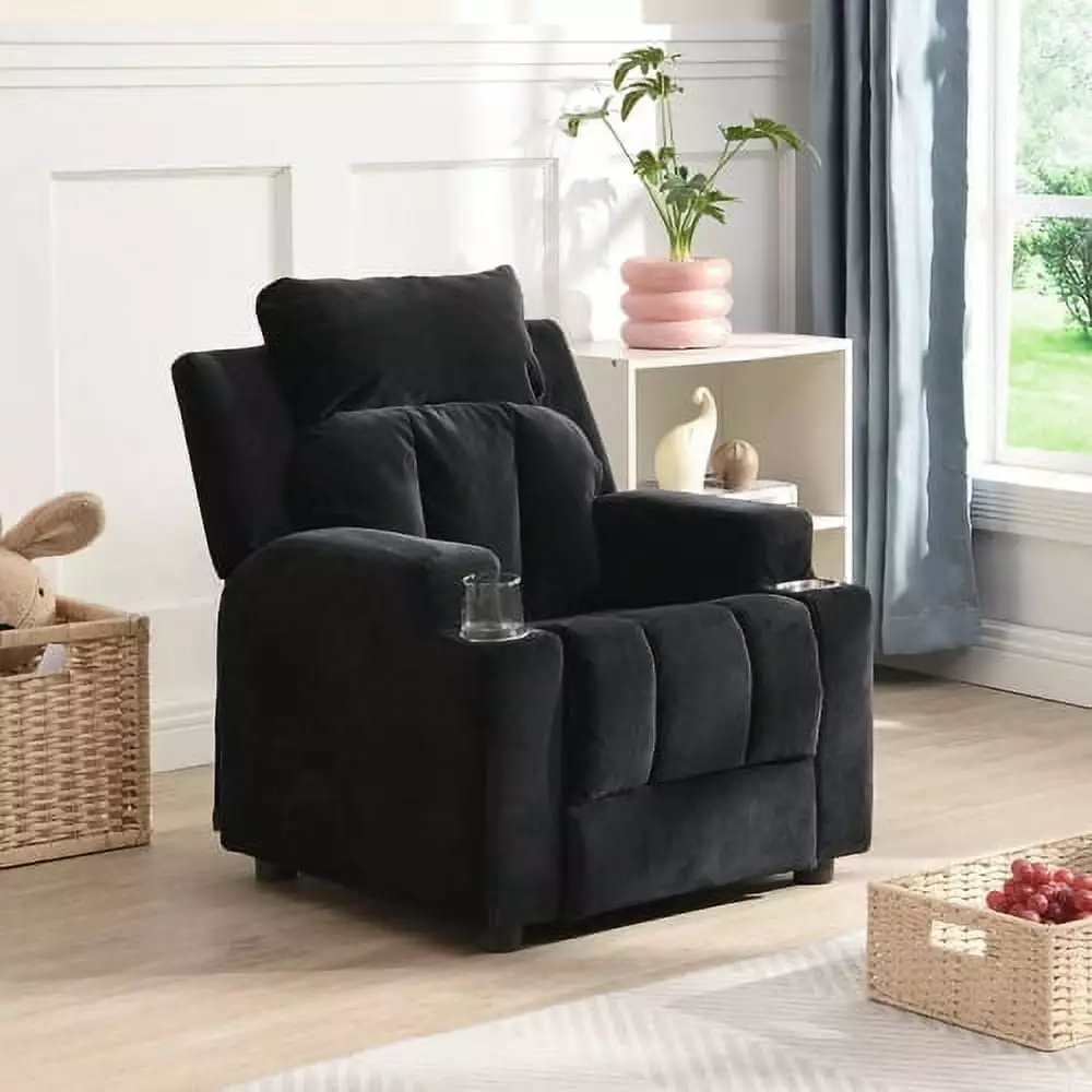 Kids Recliner Chair Upholstered Couch Two Cup Holders Footrest Backrest Toddlers Velvet Recliner Headrest Hypeshops