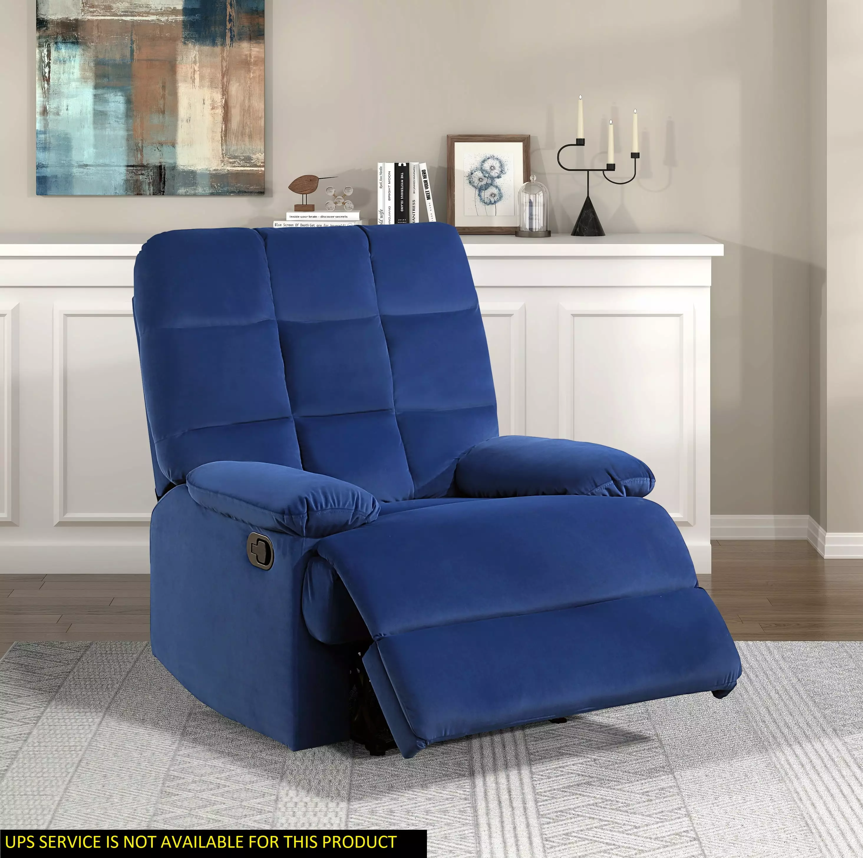 Blue Velvet Reclining Chair Square Tufted Back and Pillowtop Arms Modern Living Room Recliner Jamini