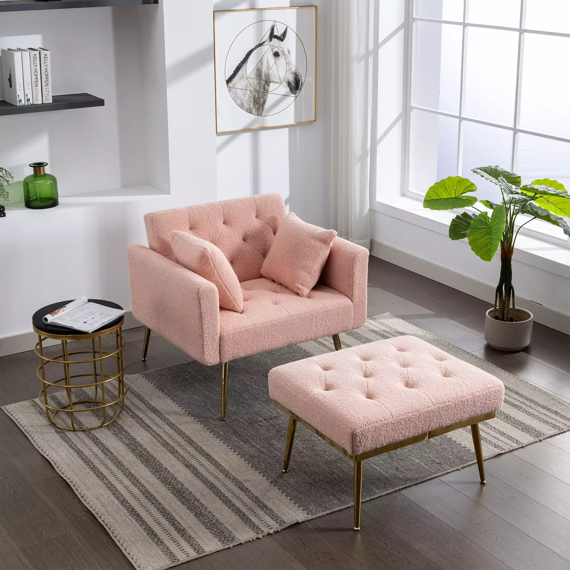 36.61'' Wide Modern Accent Chair 3 Positions Adjustable Backrest Tufted Chaise Lounge Chair Ottoman and Gold Legs Pink JUS...