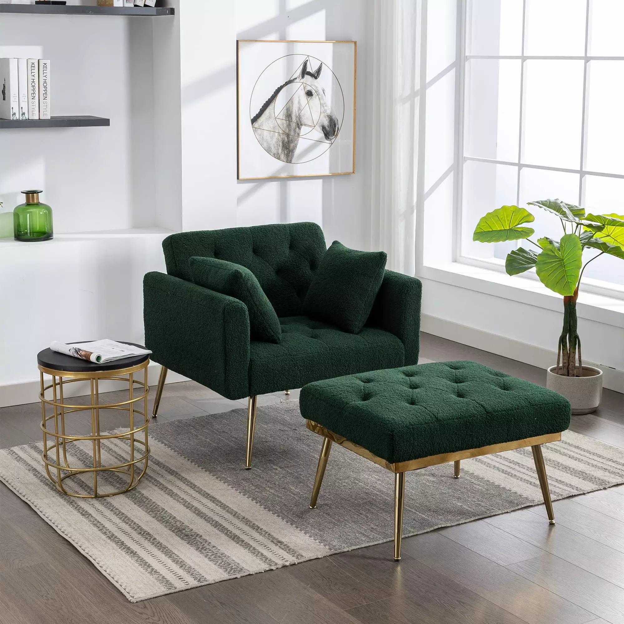 36.61'' Wide Modern Accent Chair 3 Positions Adjustable Backrest Tufted Chaise Lounge Chair Ottoman and Gold Legs Green JU...