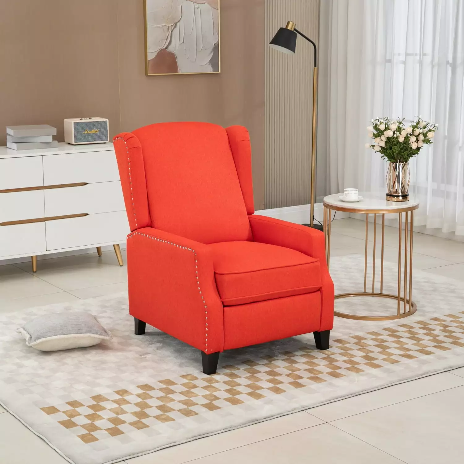 Red Velvet Accent Chair Ottoman Contemporary Mid-Century Recliner - Living Room Bedroom Lounger Ponnky