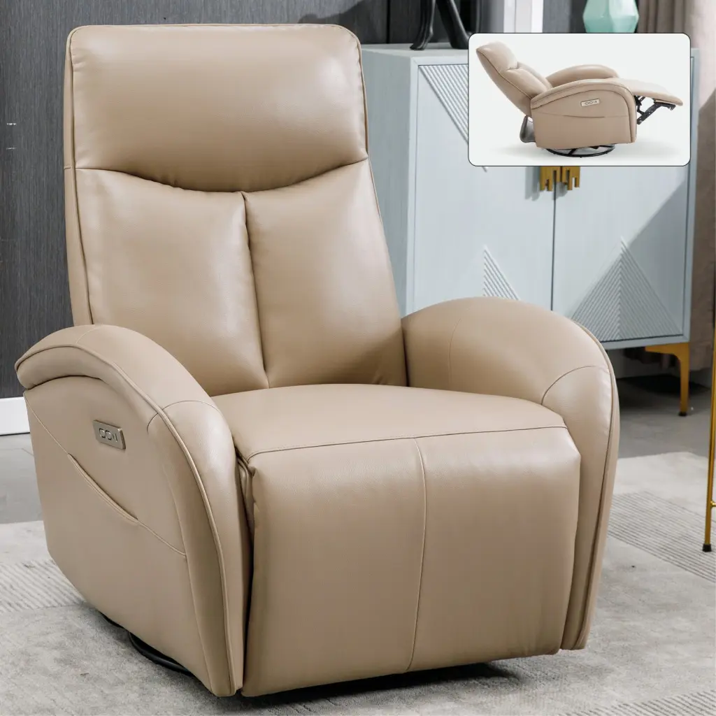 Brown Leatheraire Swivel and Rocker Power Recliner Chair Lumbar Support rnb