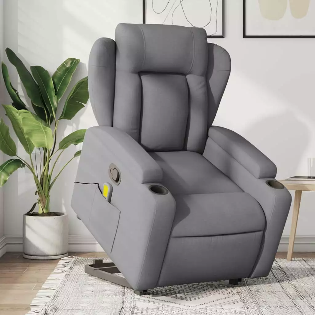 vidaXL Stand Up Massage Recliner Chair Light Gray Fabric Lumbar Support
