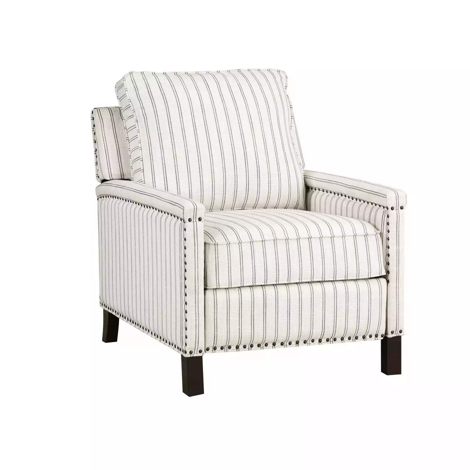 Benjara Claire 34 Inch Push Recliner Accent Chair Beige Gray Polyester Pinstripes