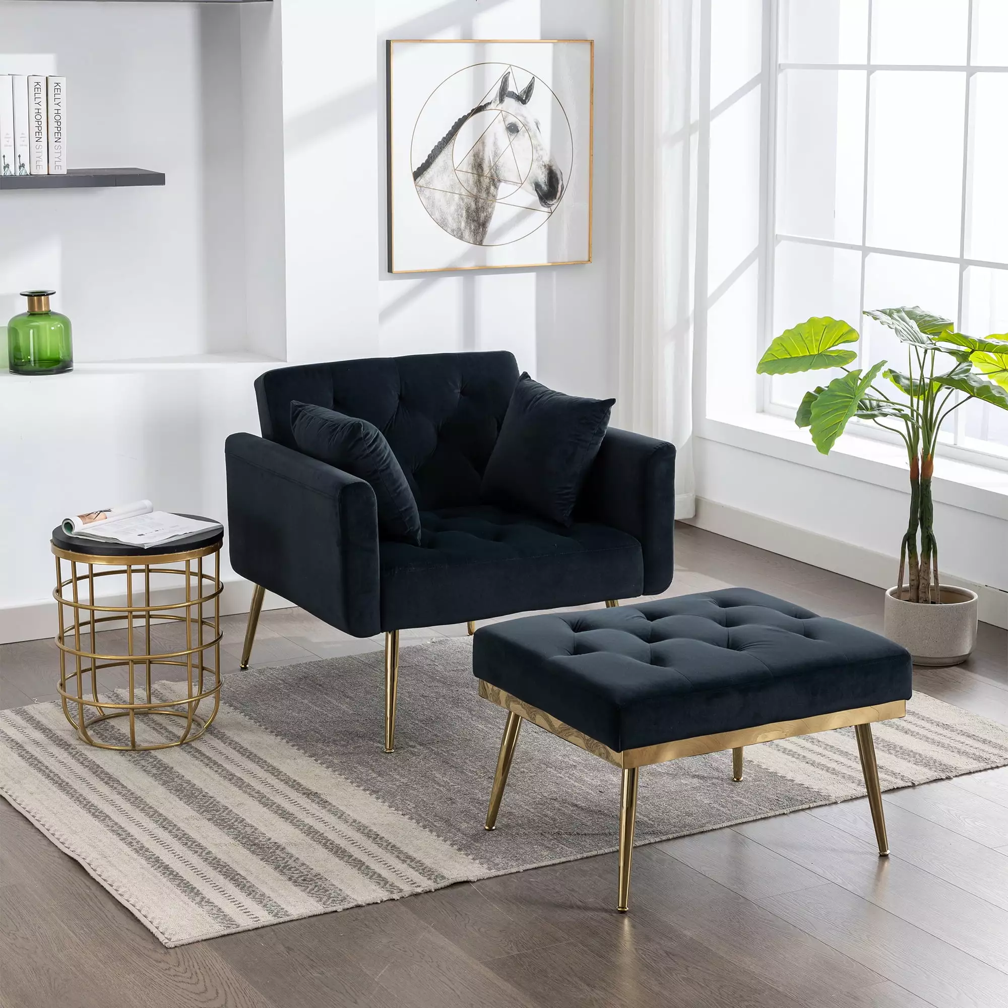 36.61'' Wide Modern Accent Chair Adjustable Backrest and Ottoman - Black Tufted Chaise Lounge JUSTSHIK