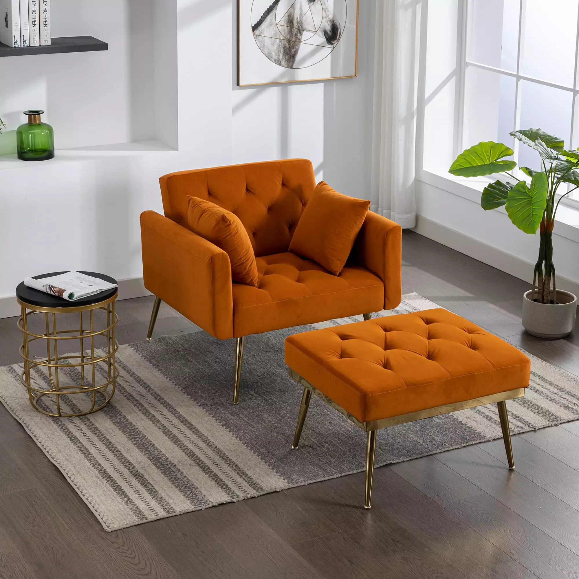 36.61'' Wide Modern Accent Chair Adjustable Backrest and Ottoman - Orange Tufted Chaise Lounge JUSTSHIK
