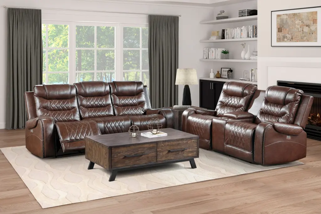 Opulent Living Room Furniture 2Pc Power Reclining Sofa Set Brown Faux Leather kanepe