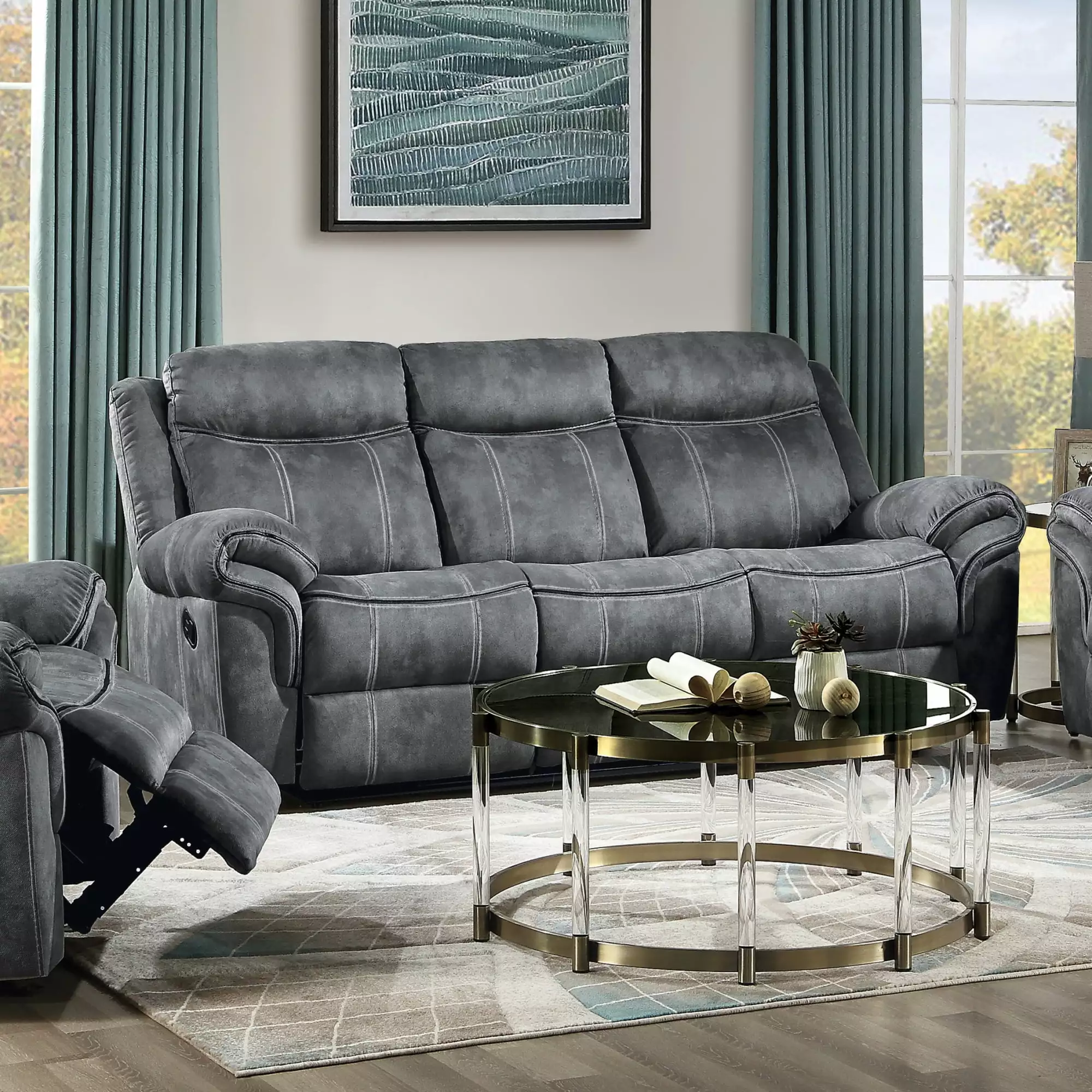 Miekor Furniture Zubaida Sofa Glider Motion 2-Tone Gray Velvet Modern Living Room Couch