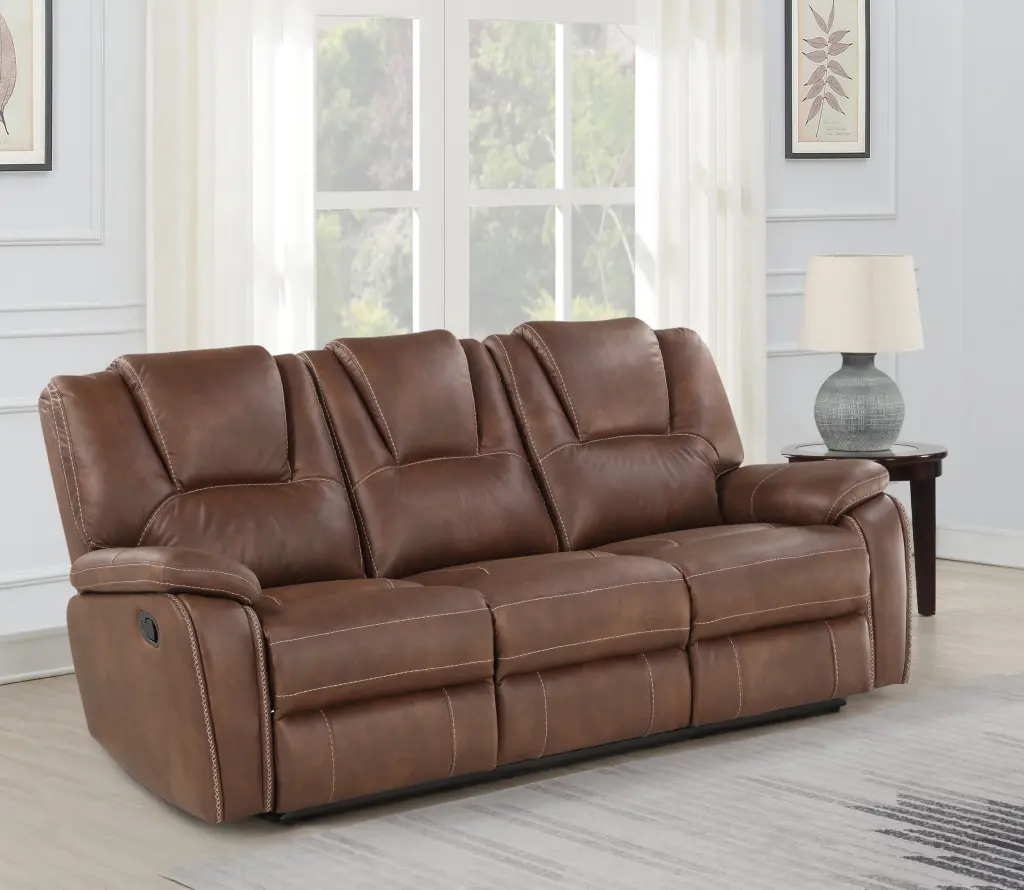 Katrine Pu Manual Reclining Sofa Chestnut Brown Faux Leather steve silver furniture